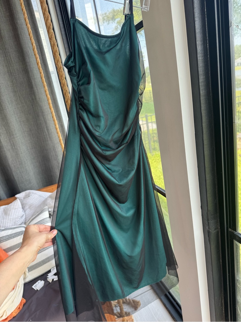 Elegant Green Satin Draped Slip Dress fairy 🧚